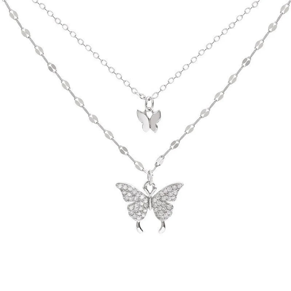 Elegant Double-Layer Butterfly Necklace – Shiny Clavicle Chain Jewelry for Women