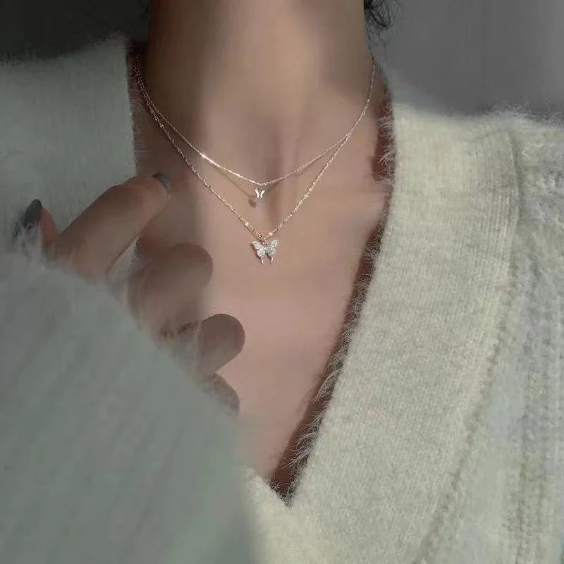 Elegant Double-Layer Butterfly Necklace – Shiny Clavicle Chain Jewelry for Women