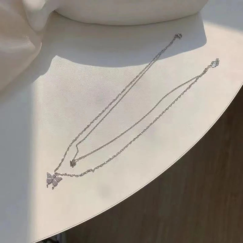 Elegant Double-Layer Butterfly Necklace – Shiny Clavicle Chain Jewelry for Women