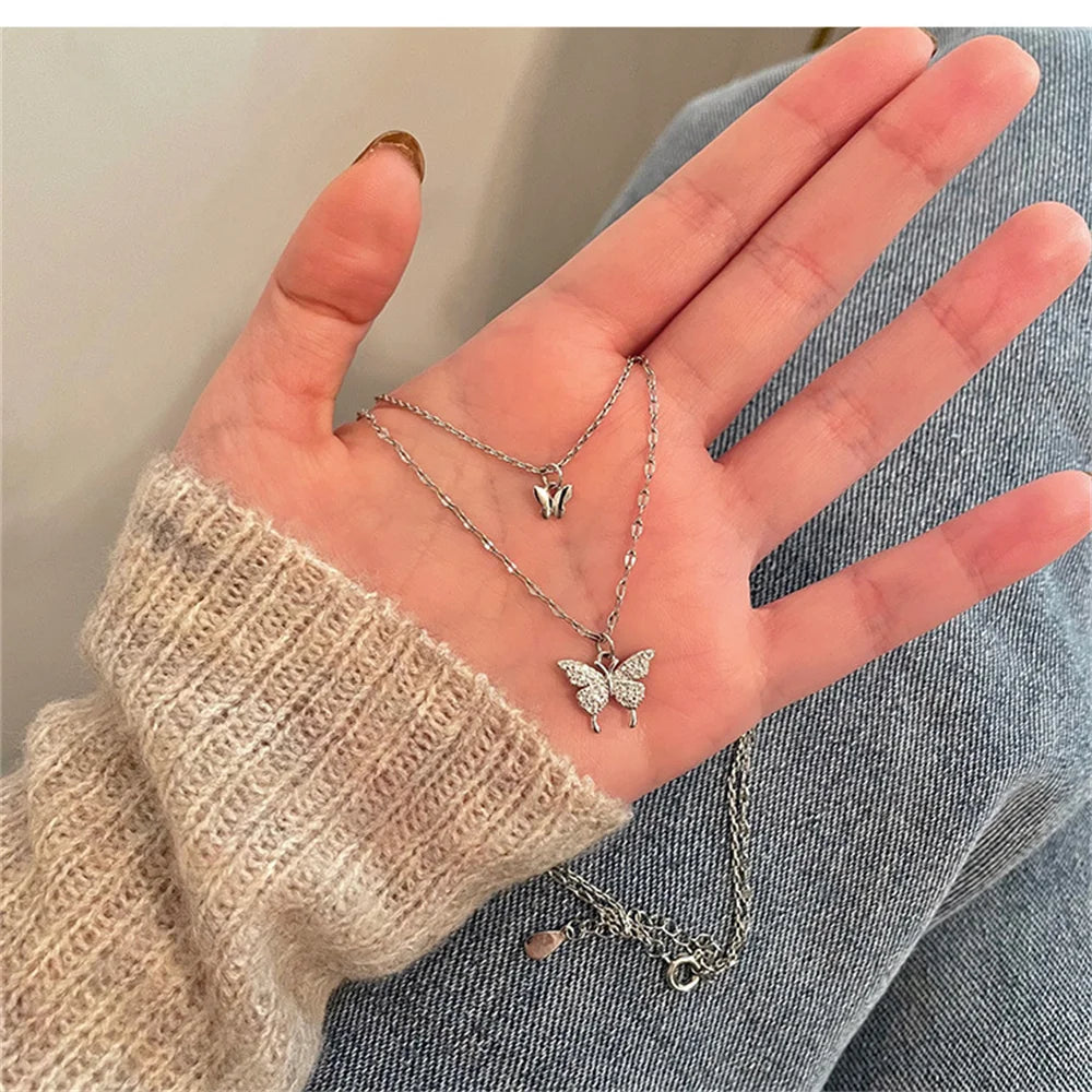 Elegant Double-Layer Butterfly Necklace – Shiny Clavicle Chain Jewelry for Women