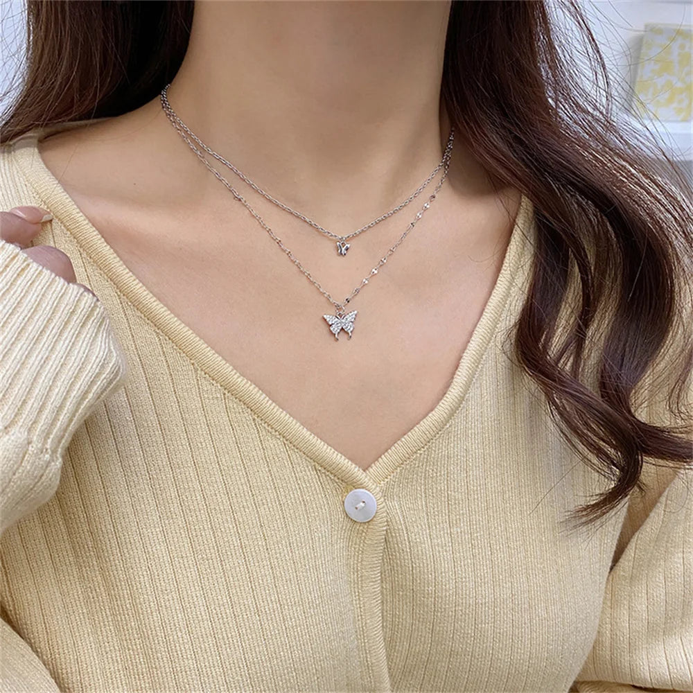 Elegant Double-Layer Butterfly Necklace – Shiny Clavicle Chain Jewelry for Women