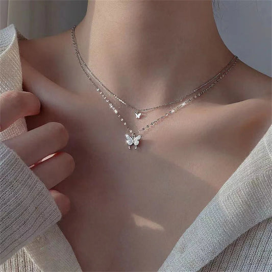 Elegant Double-Layer Butterfly Necklace – Shiny Clavicle Chain Jewelry for Women