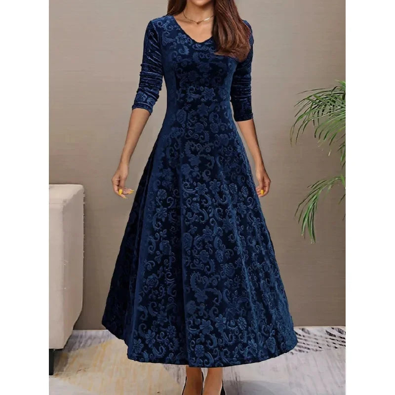 Elegant Velvet Midi Dress – Round Neck Long Sleeve Knee-Length Dress