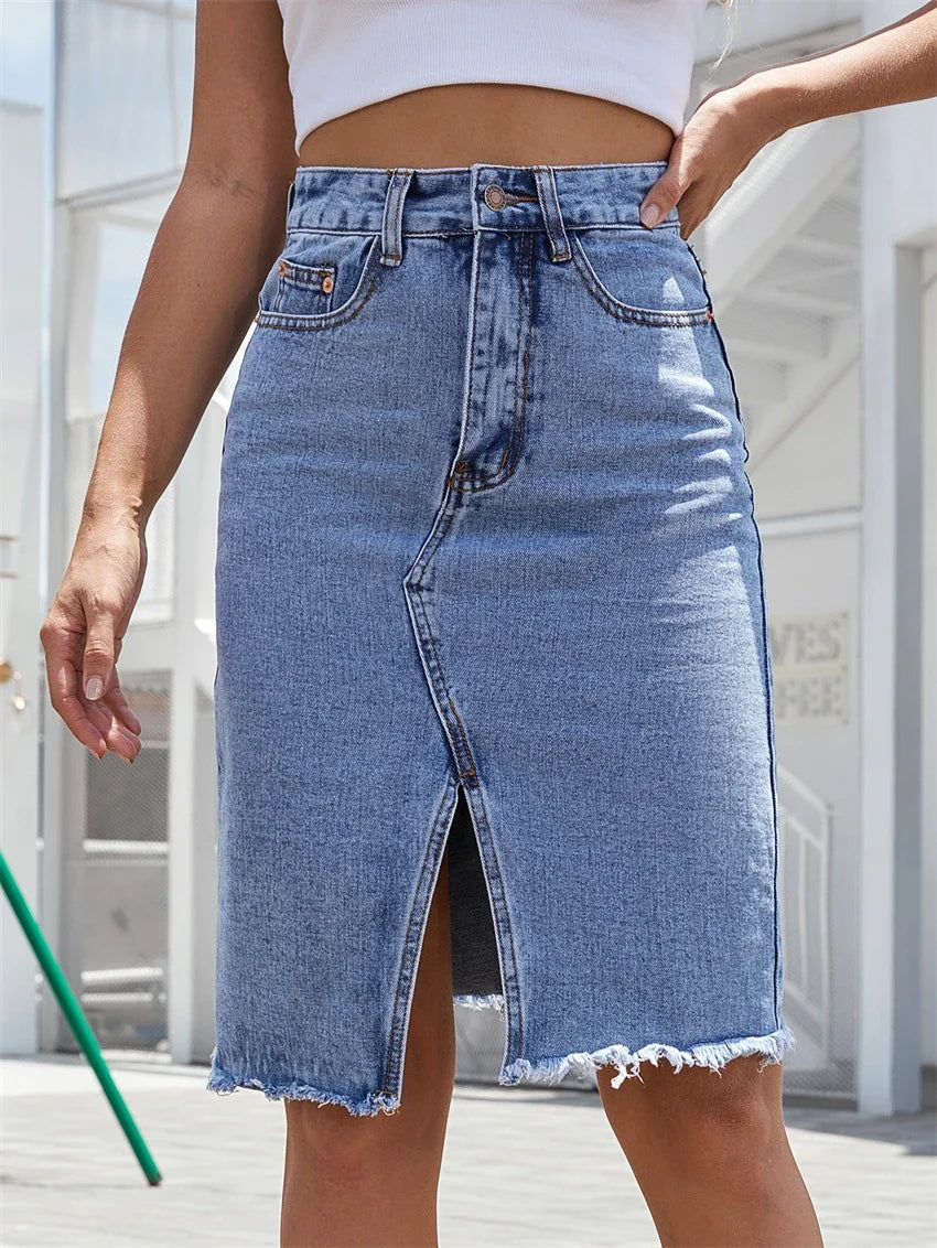 Trendy Front Slit Denim Midi Skirt – Women’s High-Waist Casual Street Style
