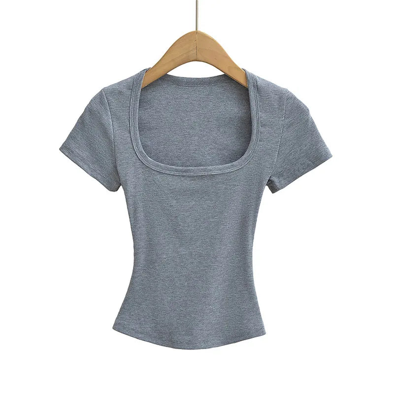 Trendy Summer Pullover Base Shirt – Women’s Square Neck, Stretchy Crop Top