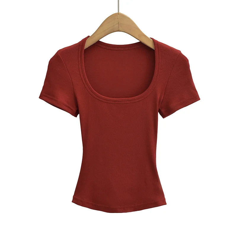 Trendy Summer Pullover Base Shirt – Women’s Square Neck, Stretchy Crop Top