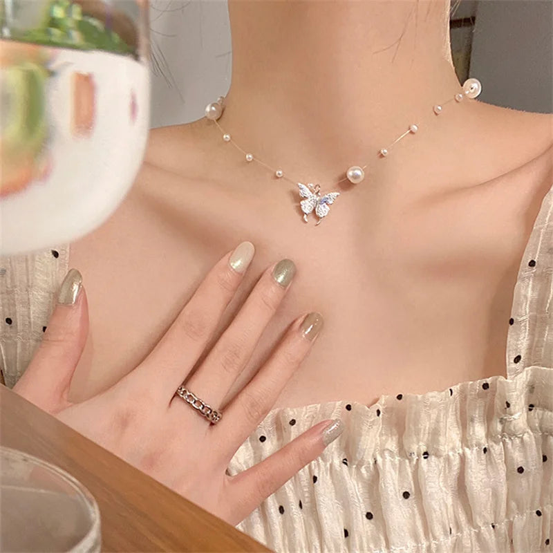 Elegant Double-Layer Butterfly Necklace – Shiny Clavicle Chain Jewelry for Women