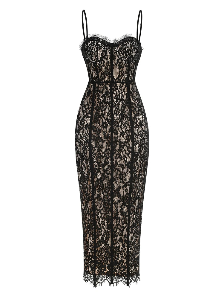 Elegant Black Lace Evening Dress – Sexy V-Neck Spaghetti Strap Bodycon Gown