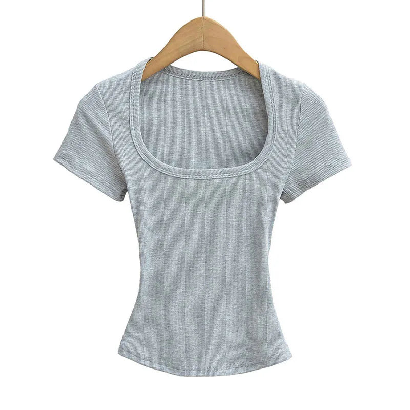 Trendy Summer Pullover Base Shirt – Women’s Square Neck, Stretchy Crop Top