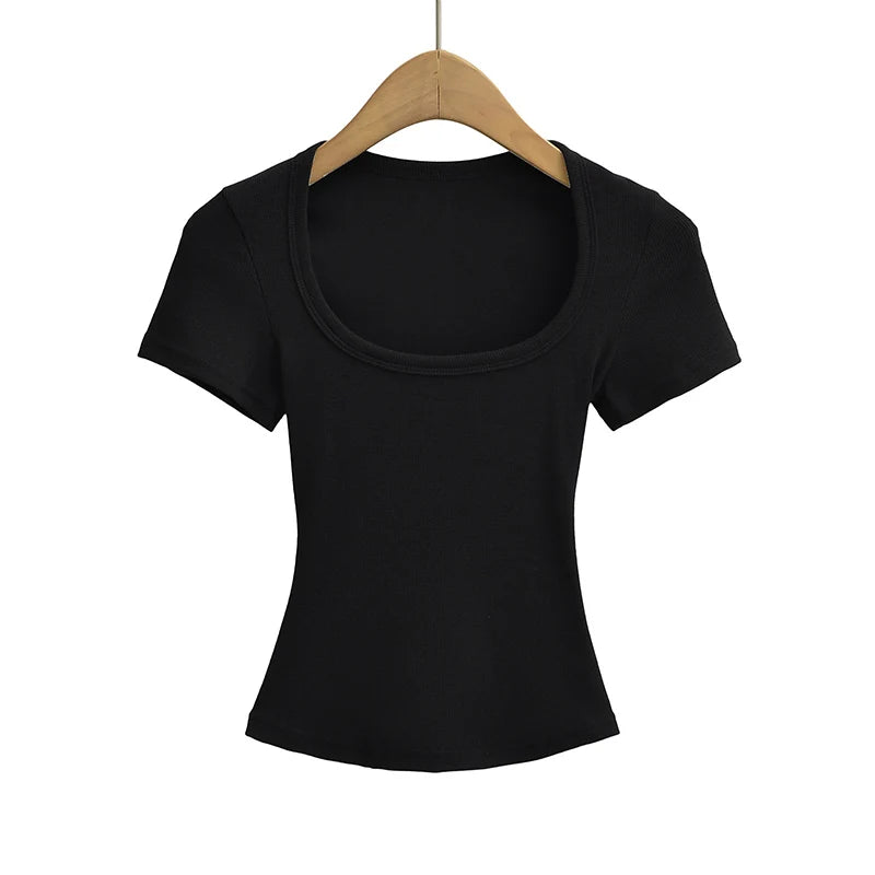 Trendy Summer Pullover Base Shirt – Women’s Square Neck, Stretchy Crop Top