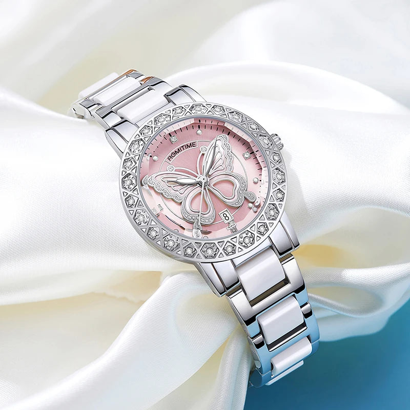 ROMITIME Women Quartz Watch Luxury Butterfly Pattern Rhinestone-Encrusted Bezel Stainless Steel Case 30M Waterproof Watches Lady