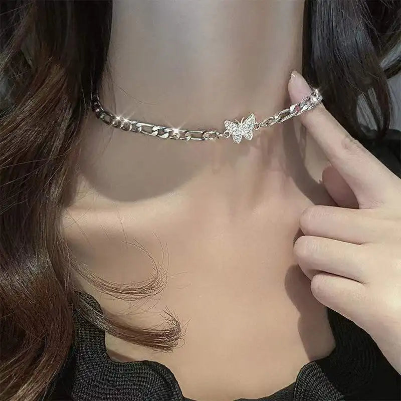 Elegant Double-Layer Butterfly Necklace – Shiny Clavicle Chain Jewelry for Women