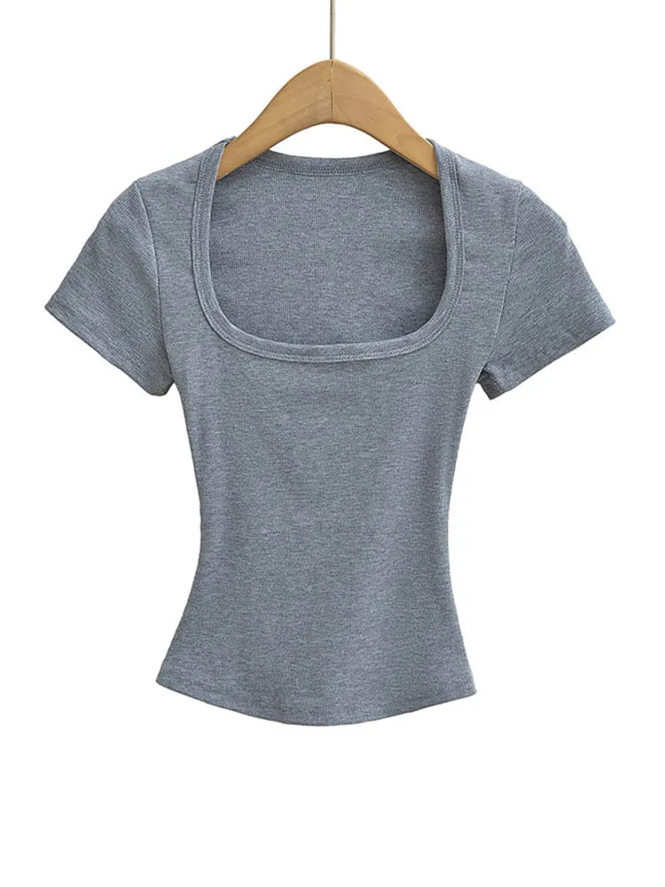 Trendy Summer Pullover Base Shirt – Women’s Square Neck, Stretchy Crop Top