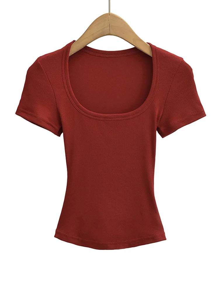 Trendy Summer Pullover Base Shirt – Women’s Square Neck, Stretchy Crop Top