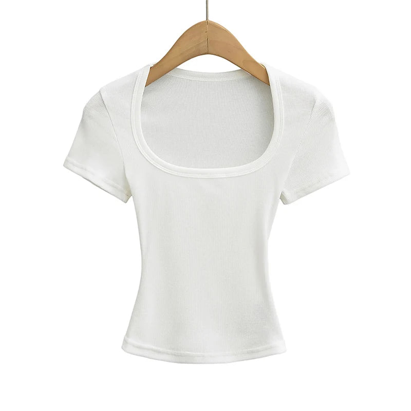 Trendy Summer Pullover Base Shirt – Women’s Square Neck, Stretchy Crop Top