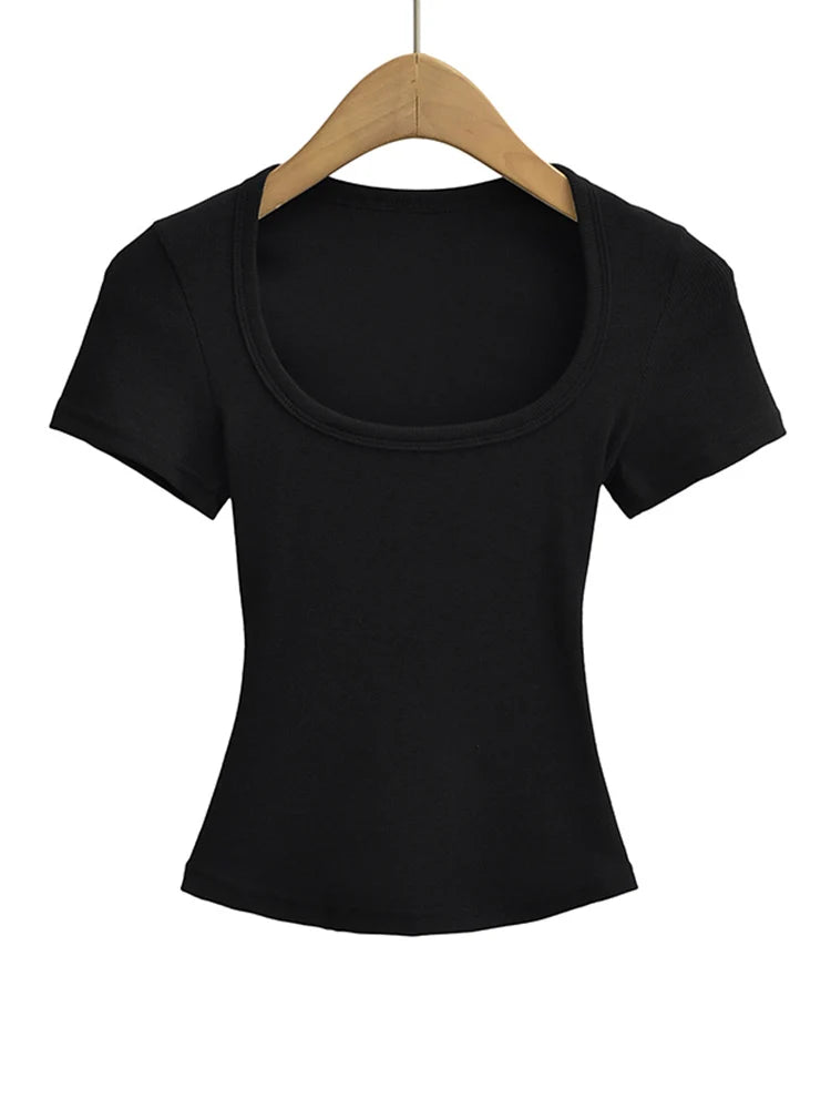 Trendy Summer Pullover Base Shirt – Women’s Square Neck, Stretchy Crop Top