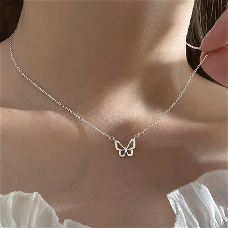 Elegant Double-Layer Butterfly Necklace – Shiny Clavicle Chain Jewelry for Women