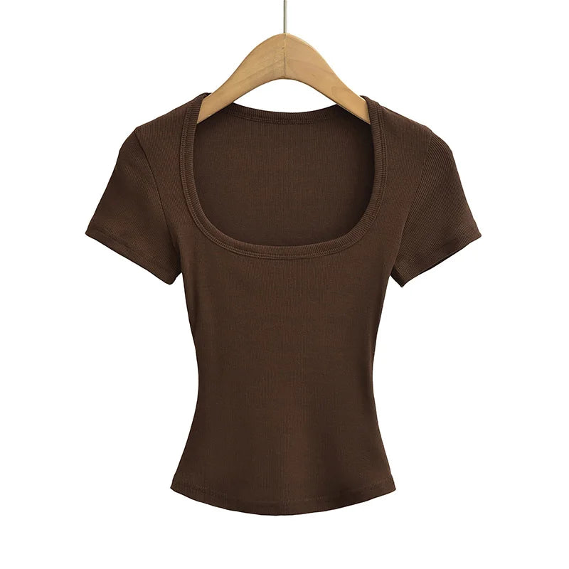 Trendy Summer Pullover Base Shirt – Women’s Square Neck, Stretchy Crop Top