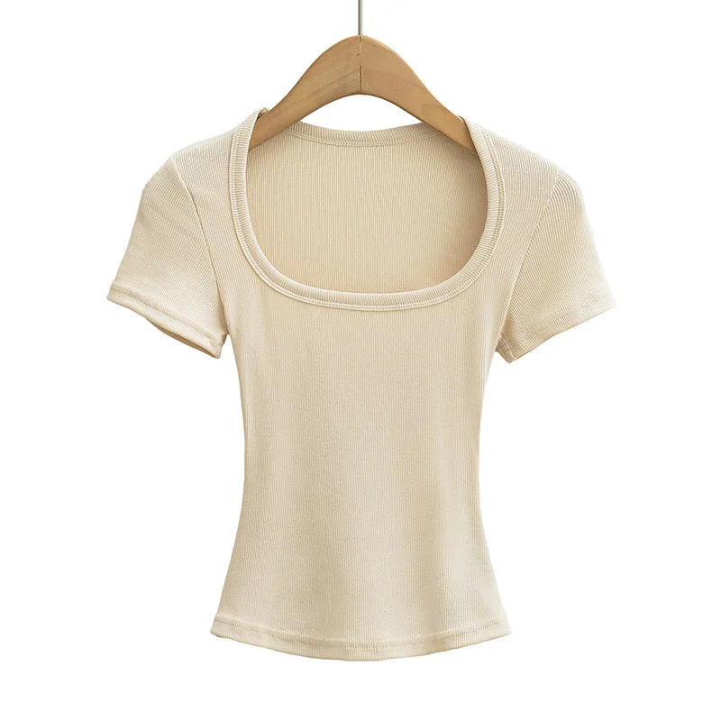 Trendy Summer Pullover Base Shirt – Women’s Square Neck, Stretchy Crop Top