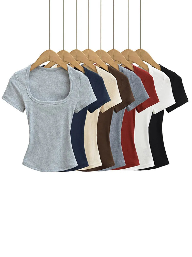 Trendy Summer Pullover Base Shirt – Women’s Square Neck, Stretchy Crop Top