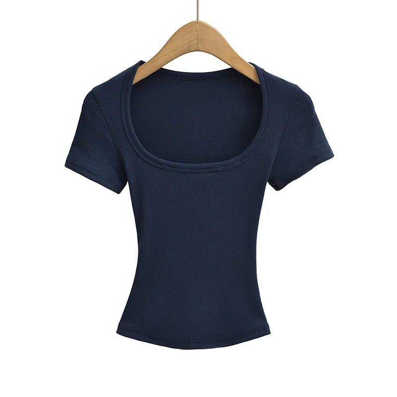 Trendy Summer Pullover Base Shirt – Women’s Square Neck, Stretchy Crop Top