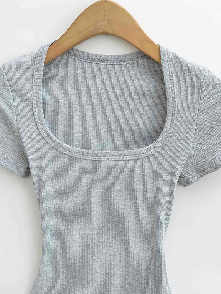 Trendy Summer Pullover Base Shirt – Women’s Square Neck, Stretchy Crop Top