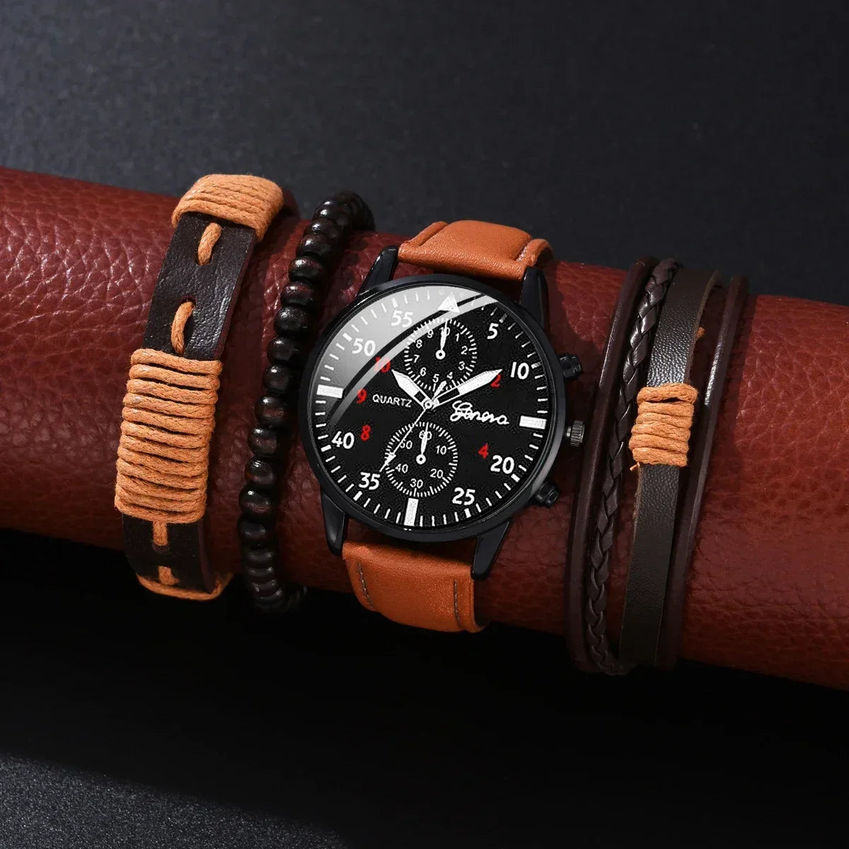 4/2/1pcs Men Sports Watches Set Man Business Quartz Wristwatch Luxury Brown Leather Bracelet Men Casual Clock Watch(no Box)