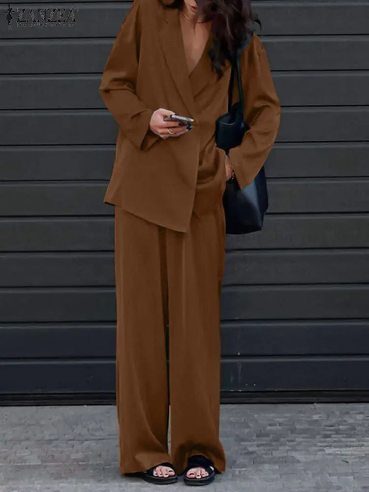 Long Sleeve Shirts Wide Leg Pants Oversized Office Lady Outfits