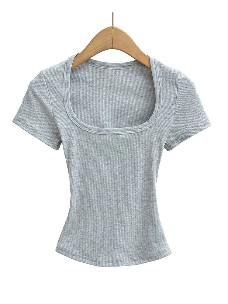 Trendy Summer Pullover Base Shirt – Women’s Square Neck, Stretchy Crop Top