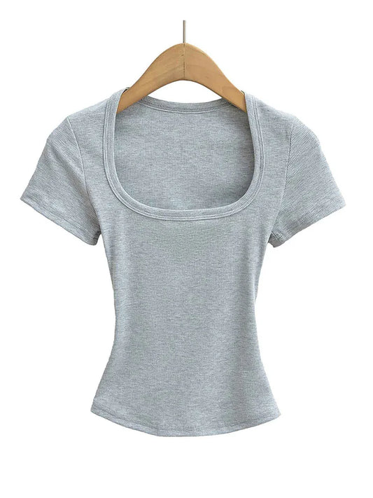 Trendy Summer Pullover Base Shirt – Women’s Square Neck, Stretchy Crop Top