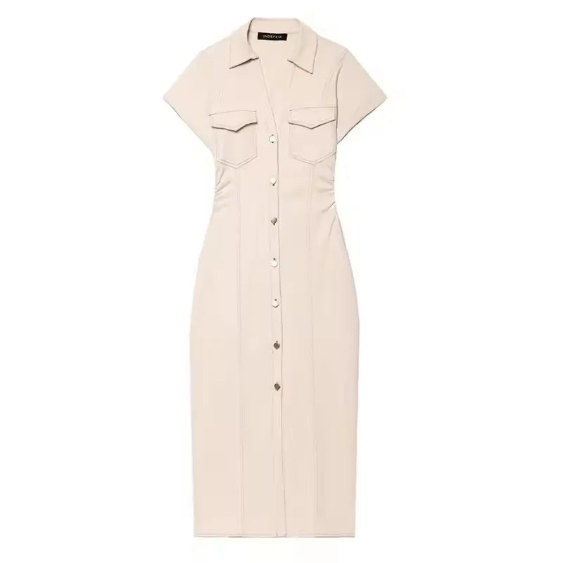New Fashion Denim Dress – Casual Ruched Design, Short Sleeve Midi for Women