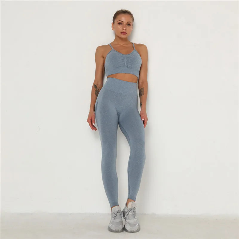2Pcs Seamless Gym Sets Fitness Sports Suits Womens Clothing High Waist Booty Leggings Sports Bra Running Athletic Wear Yoga Sets