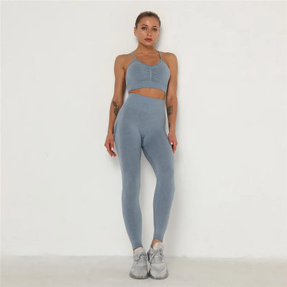 2Pcs Seamless Gym Sets Fitness Sports Suits Womens Clothing High Waist Booty Leggings Sports Bra Running Athletic Wear Yoga Sets