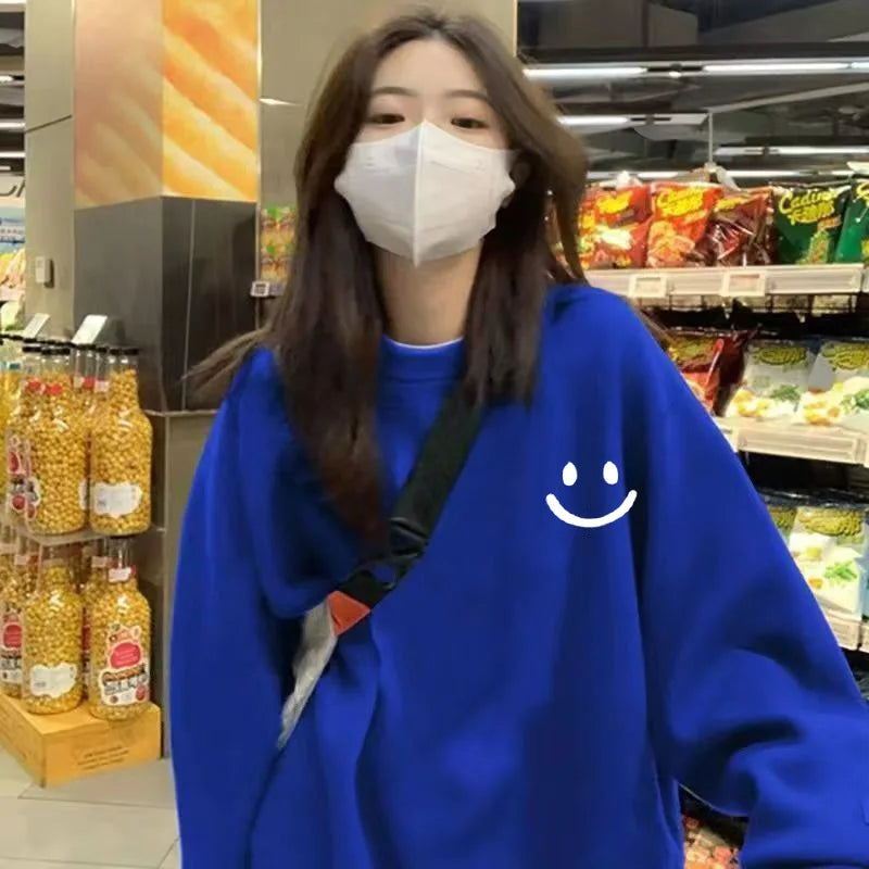 Smiley Face Print Teddy Fleece Lined Sweatshirt