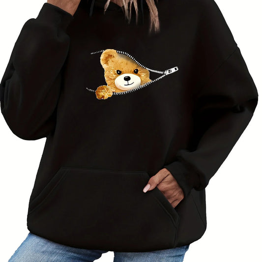 Zipper Bear Print Teddy Fleece Lined Sweatshirt