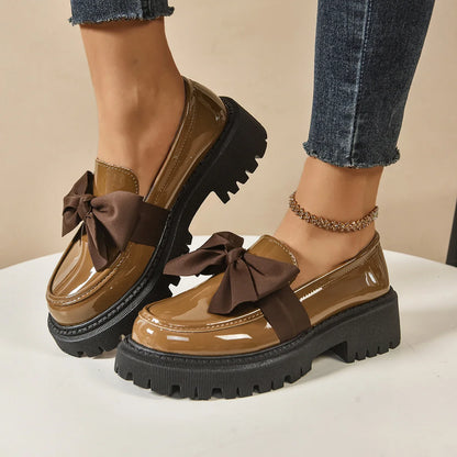 Retro British Style Leather Flats – Butterfly Bow Mid Heel