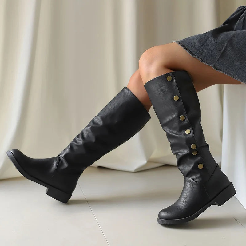 Retro Rivet Low Heel High Tube Motorcycle Boots