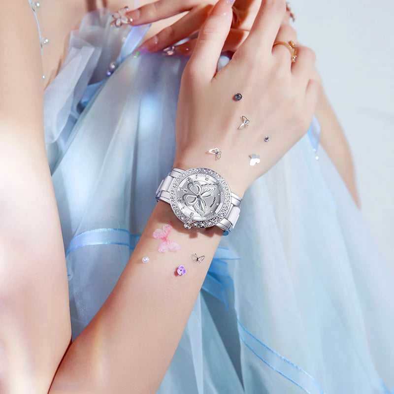 ROMITIME Women Quartz Watch Luxury Butterfly Pattern Rhinestone-Encrusted Bezel Stainless Steel Case 30M Waterproof Watches Lady