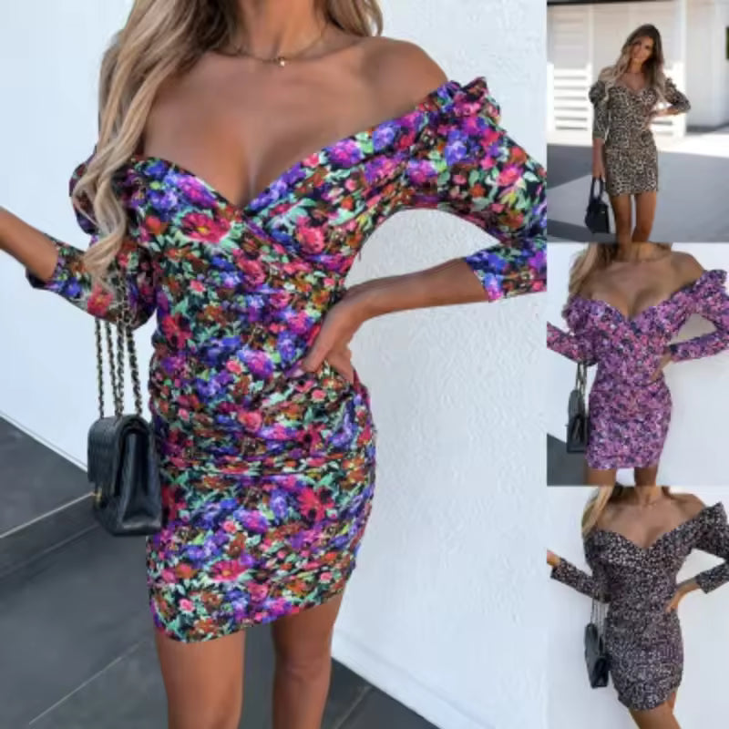 Chic Summer Floral Dress – Long Sleeve, Off Shoulder, V Neckline