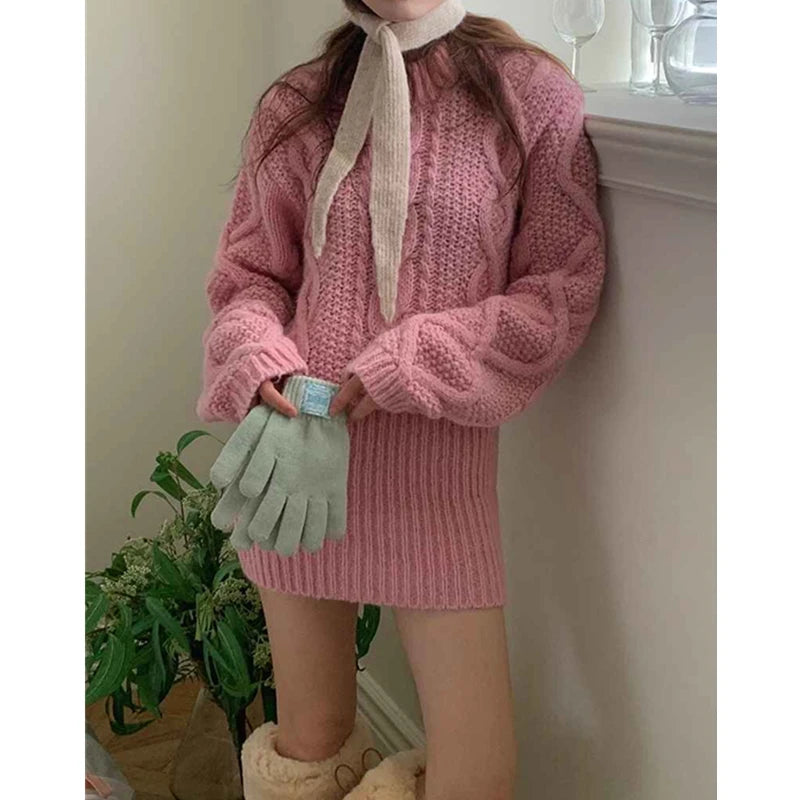 Autumn and Winter Women's Sweater Set Elegant Round Neck Pullover, Long-sleeved Top and Knee Skirt Knitted Two-piece Set.
