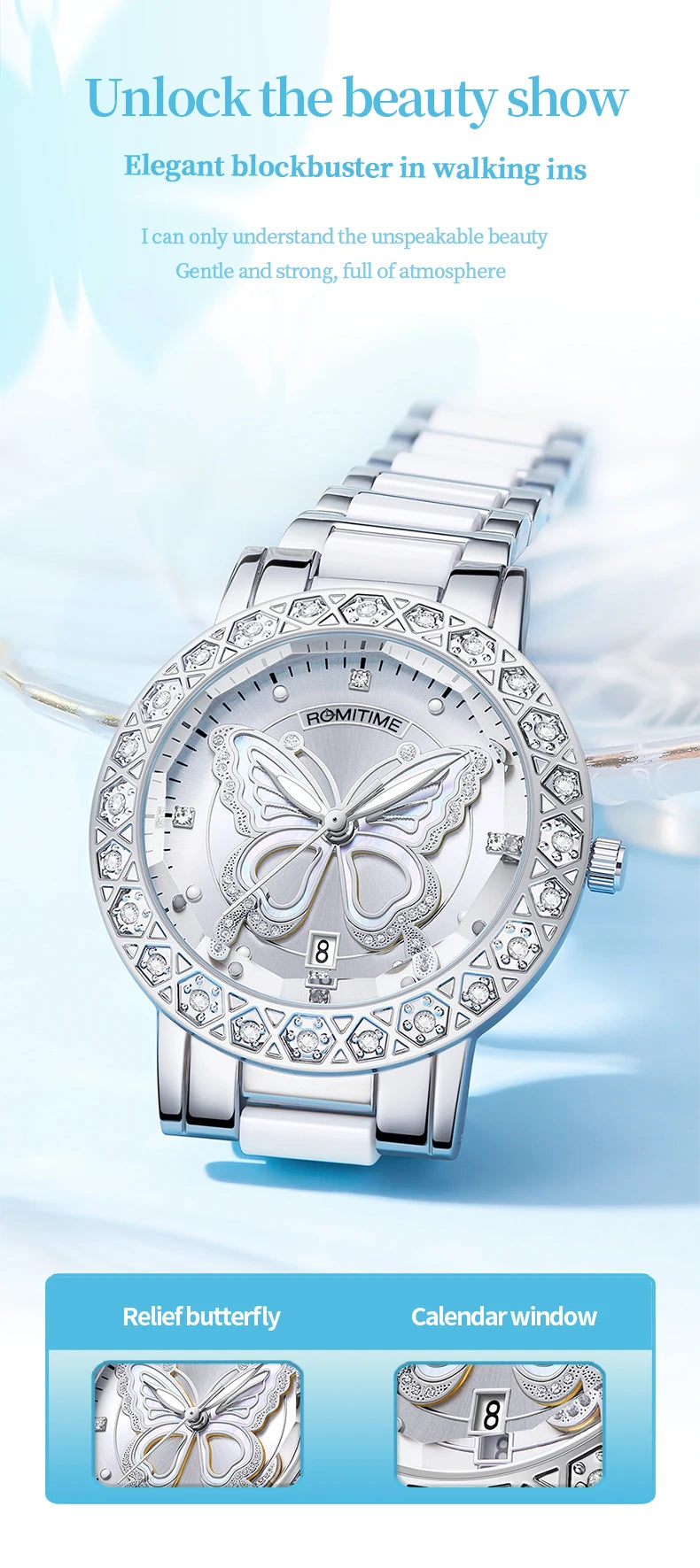 ROMITIME Women Quartz Watch Luxury Butterfly Pattern Rhinestone-Encrusted Bezel Stainless Steel Case 30M Waterproof Watches Lady