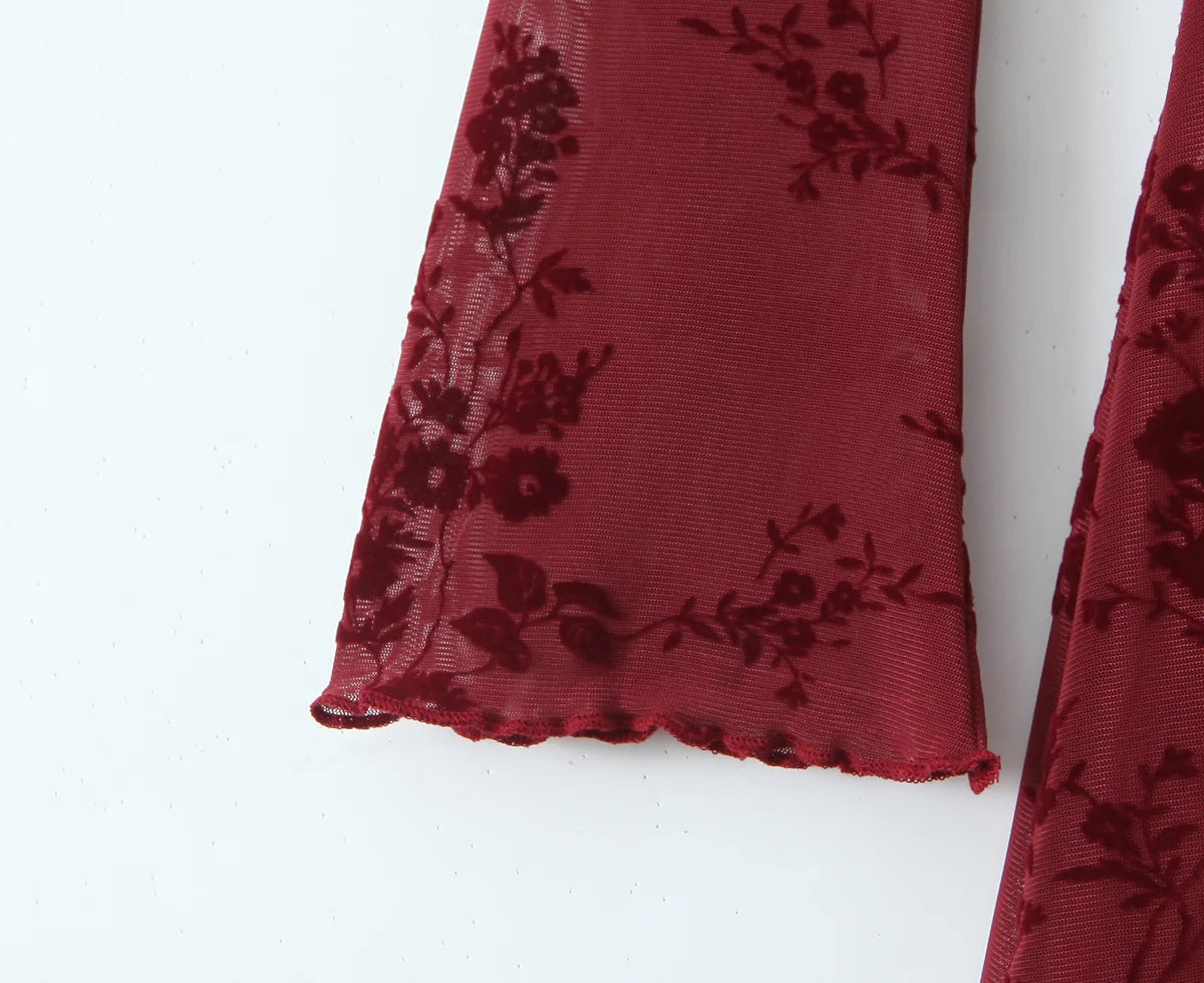 Luxury Wine Red Flocked Flower Mesh Mini Dress