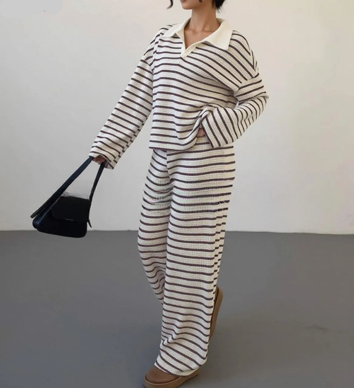Women’s Knitted Striped Shirt & Pants Set – Casual Loose Fit