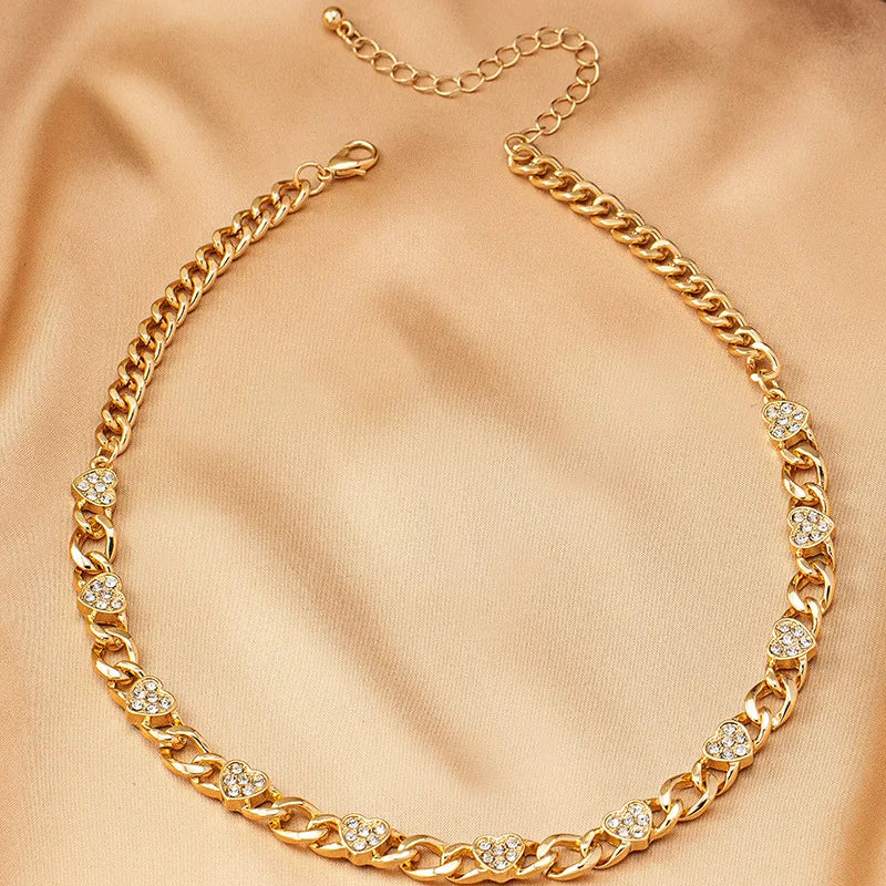 2PCS Metal Chains Link Bracelets for Women New Trendy Gold Plated Rhinestone Heart Charm Bracelet Necklace FJewelry Set