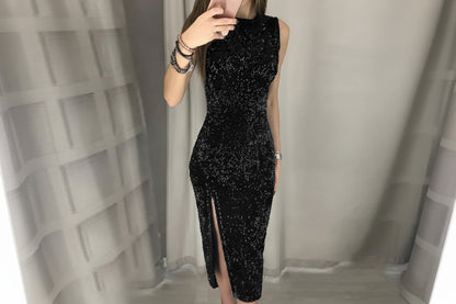 Glittering High-Waist Split Dress – Sleeveless Clubwear