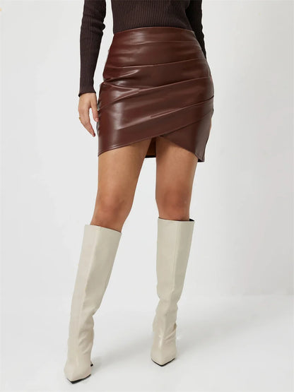 Benuynffy Fashion PU Leather Skirt Women's Autumn and Winter Elegant High Waist Zipper Back Ruched Bodycon Mini Skirts 2024 New