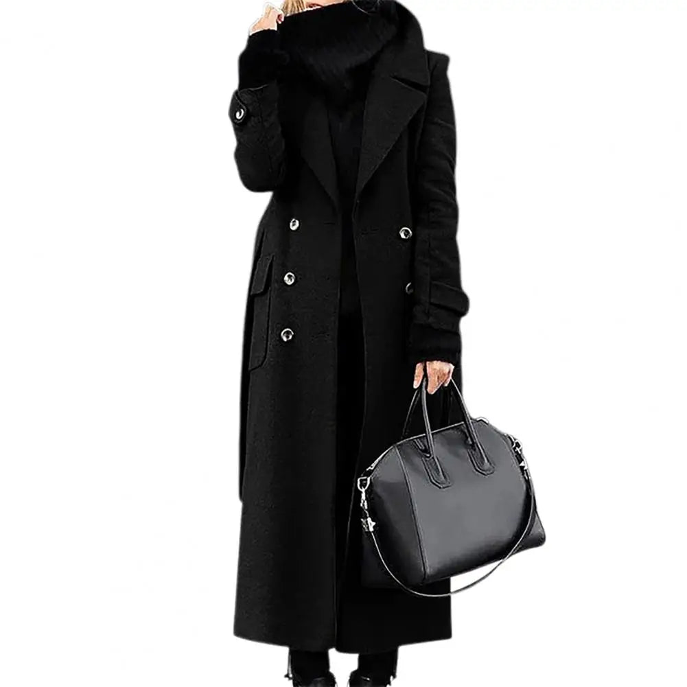 Women Woollen Overcoat Double-breasted Cardigan Mid-calf Length Long Sleeves Jacket Slim OL Formal Coat