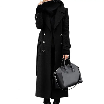 Women Woollen Overcoat Double-breasted Cardigan Mid-calf Length Long Sleeves Jacket Slim OL Formal Coat