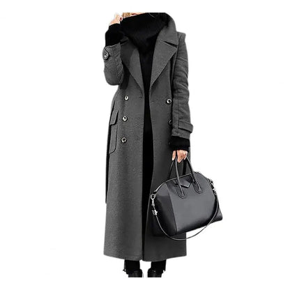 Women Woollen Overcoat Double-breasted Cardigan Mid-calf Length Long Sleeves Jacket Slim OL Formal Coat
