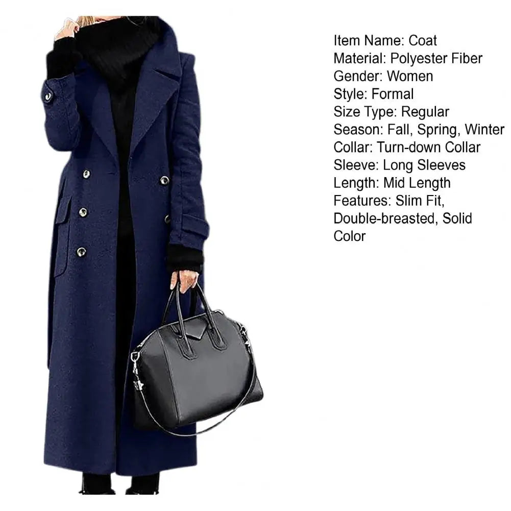 Women Woollen Overcoat Double-breasted Cardigan Mid-calf Length Long Sleeves Jacket Slim OL Formal Coat